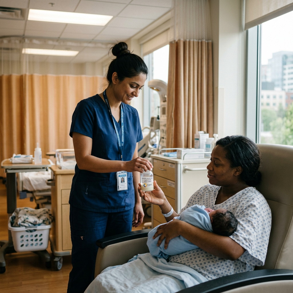 Nurse giving a jar of milk to a mother holding a newborn baby in hospital
